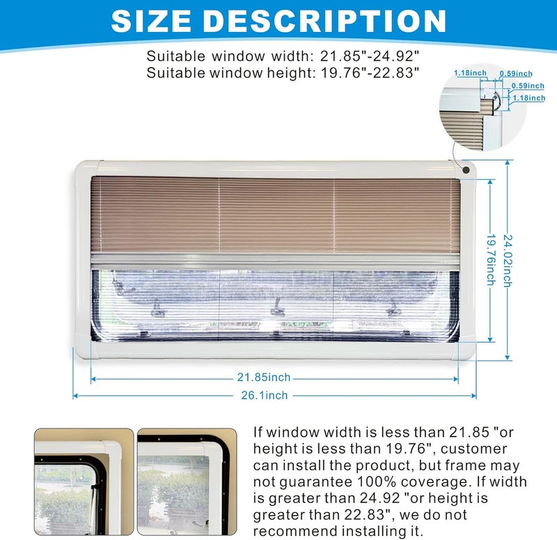 Dulepax RV Window Shade, Aluminum Frame RV Blinds Shades for Window, 26" W x 24" L, 2-in-1 Screen & Pleated Blinds, RV Blinds for Camper Window - Image 2